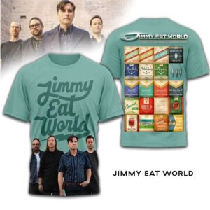 Jimmy Eat World Bleed American 2026 T-Shirt in teal, featuring band members and a back graphic of city-themed 