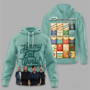 Jimmy Eat World Bleed American 2026 T-Shirt in teal, featuring band members and a back graphic of city-themed 