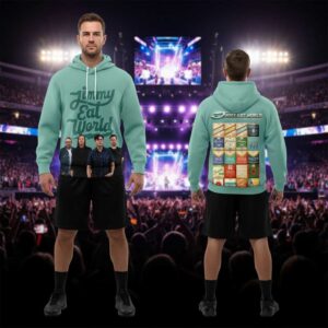 Jimmy Eat World Bleed American 2026 T-Shirt in teal, featuring band members and a back graphic of city-themed 