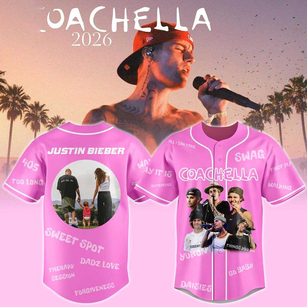 Justin Bieber Coachella 2026 Desert Vibes Pink Baseball Jersey