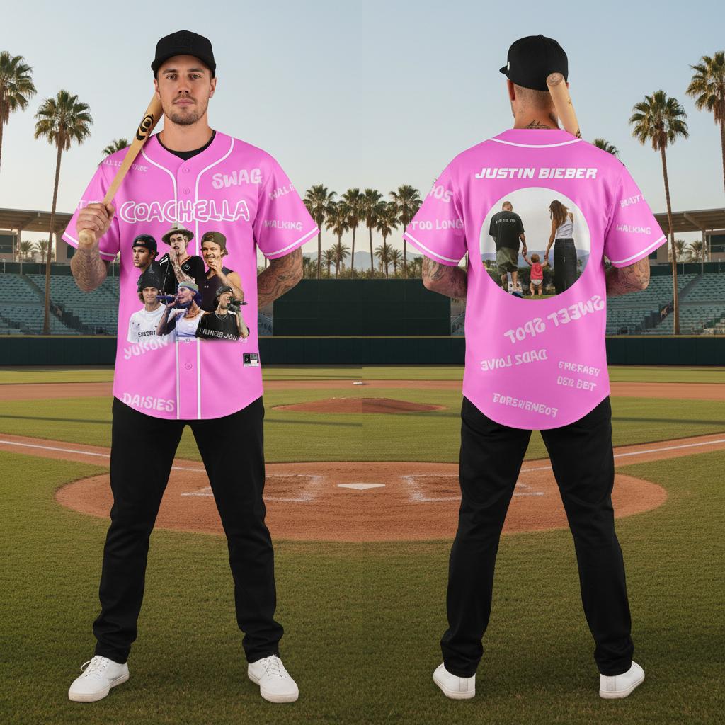 Justin Bieber Coachella 2026 Desert Vibes Pink Baseball Jersey