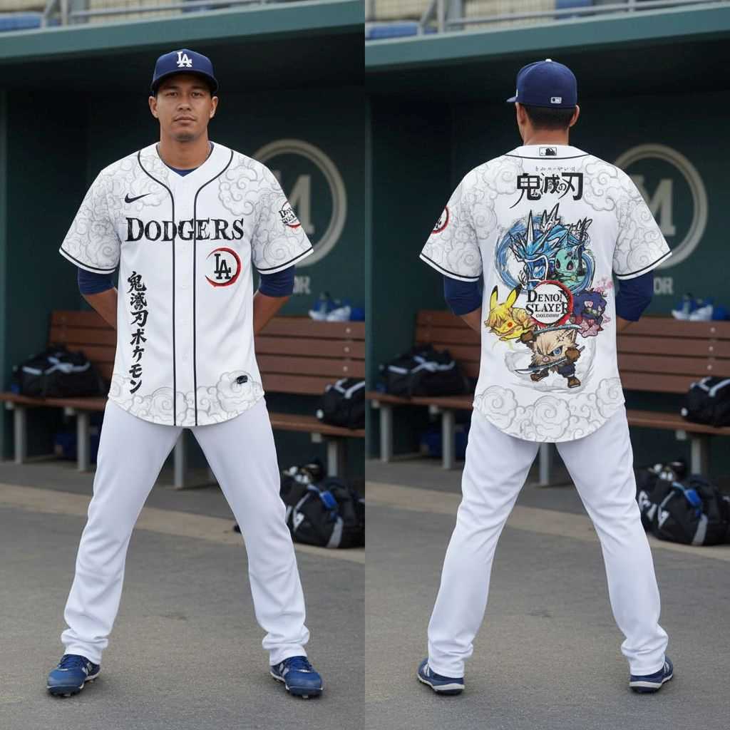 Los Angeles Dodgers Demon Slayer Pokemon Baseball Jersey