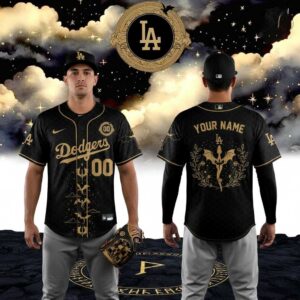 Los Angeles Dodgers Fourth Wing Night Custom Baseball Jersey. Black and gold with dragon, bat wings, 'Dodgers', 'YOUR NAME'.