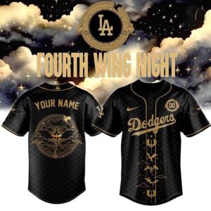 Los Angeles Dodgers Fourth Wing Night Custom Jersey, black and gold with dragon scales, script Dodgers, and dragon emblem.