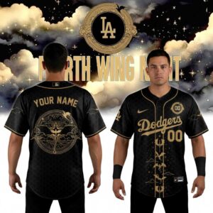Los Angeles Dodgers Fourth Wing Night Custom Jersey, black and gold with dragon scales, script Dodgers, and dragon emblem.