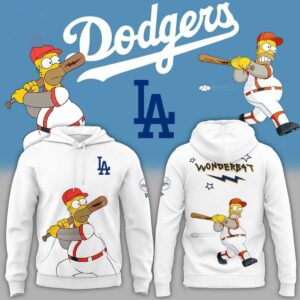 Los Angeles Dodgers The Simpsons 2026 Night Shirt Hoodie featuring Homer Simpson in baseball uniform and 'WONDERBAT' text.