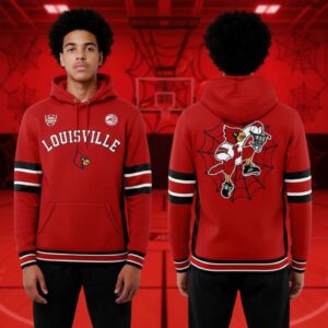 Louisville Cardinals Donovan Mitchell 2026 Spida Campaign Shirt Hoodie. Red hoodie with 'LOUISVILLE', Cardinals logo, and a dunking spiderweb bird.
