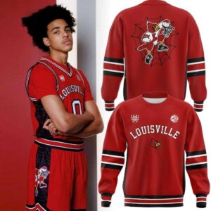 Louisville Cardinals Donovan Mitchell 2026 Spida Campaign Shirt Hoodie. Red hoodie with 'LOUISVILLE', Cardinals logo, and a dunking spiderweb bird.