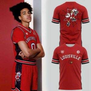 Louisville Cardinals Donovan Mitchell 2026 Spida Campaign Shirt Hoodie. Red hoodie with 'LOUISVILLE', Cardinals logo, and a dunking spiderweb bird.