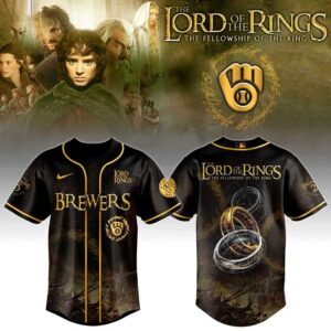 Milwaukee Brewers The Lord Of The Rings Baseball Jersey, black with gold trim, featuring Rings, Fellowship logo & Middle-earth battle art.