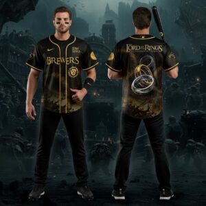 Milwaukee Brewers The Lord Of The Rings Baseball Jersey, black with gold trim, featuring Rings, Fellowship logo & Middle-earth battle art.