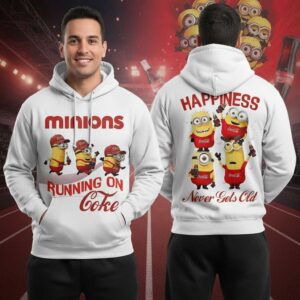 Minions Coca-Cola Running On Coke White Shirt Hoodie. Front: 'MINIONS' with running Coke-clad Minions; Back: 'HAPPINESS Never Gets Old' with cheering Minions.