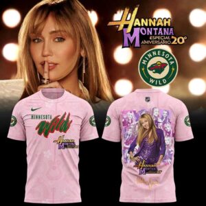 Minnesota Wild Celebrate Hannah Montana 20th Anniversary Shirt Hoodie, pink with sport logos & Hannah in purple on back.