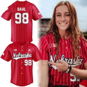 Nebraska Cornhuskers Jordyn Bahl Full Button Pinstripe 2026 Baseball Jersey, red with white 'Nebraska' script and '98.