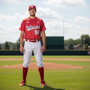 Nebraska Cornhuskers Jordyn Bahl Full Button Pinstripe 2026 Baseball Jersey, red with white 'Nebraska' script and '98.