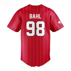 Nebraska Cornhuskers Jordyn Bahl Full Button Pinstripe 2026 Baseball Jersey, red with white 'Nebraska' script and '98.