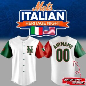 New York Mets Italia Heritage Night 2026 Jersey, white with green NY logo, red and green sleeves, Italian flag patch.