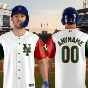 New York Mets Italia Heritage Night 2026 Jersey, white with green NY logo, red and green sleeves, Italian flag patch.