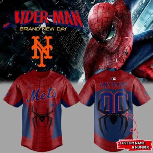 New York Mets Spider Man 2026 Custom Name Jersey: Red & blue webbed design, Mets script, front/back spider logos, customizable name & number.