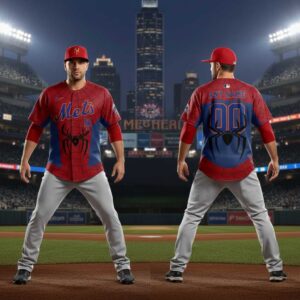 New York Mets Spider Man 2026 Custom Name Jersey: Red & blue webbed design, Mets script, front/back spider logos, customizable name & number.