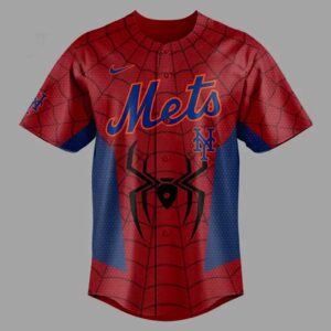 New York Mets Spider Man 2026 Custom Name Jersey: Red & blue webbed design, Mets script, front/back spider logos, customizable name & number.