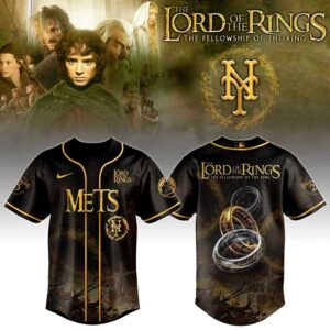 New York Mets The Lord Of The Rings Baseball Jersey, black & gold with iconic Rings, 'Mets' logo, and Middle-earth battle art.