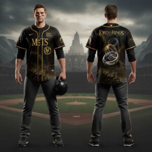 New York Mets The Lord Of The Rings Baseball Jersey, black & gold with iconic Rings, 'Mets' logo, and Middle-earth battle art.
