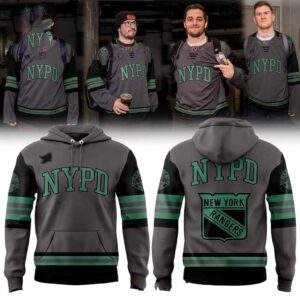 New York Rangers NYPD Thank You 2026 Private Concert Shirt Hoodie, grey/black with green NYPD & Rangers shield logos.
