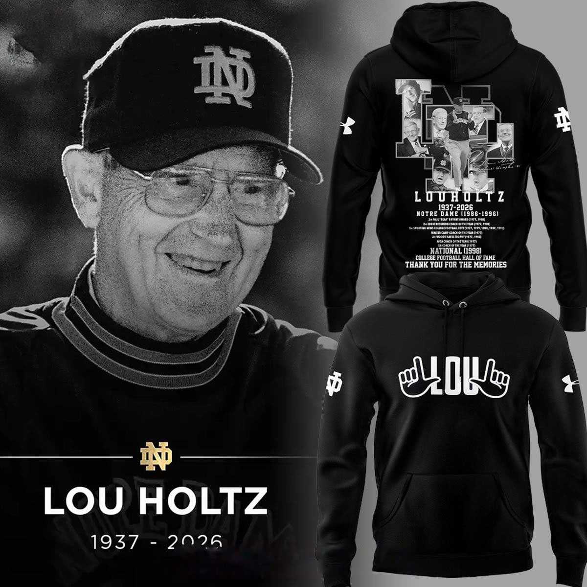 Notre Dame Fighting Irish Legacy Of Lou Holtz 1937-2026 Tee Hoodie Notre Dame Fighting Irish Legacy Of Lou Holtz 1937-2026 Tee Hoodie