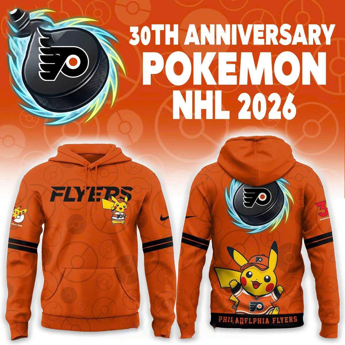 Philadelphia Flyers Pokemon 30th Anniversary 2026 Hoodie Tee Philadelphia Flyers Pokemon 30th Anniversary 2026 Hoodie Tee