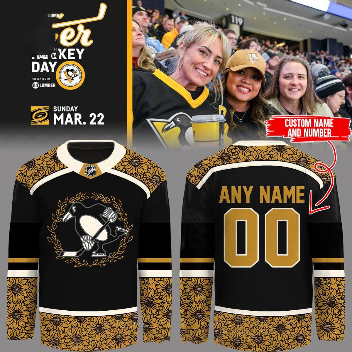 Pittsburgh Penguins Her Hockey Day 2026 Sunflower Custom Hockey Jersey