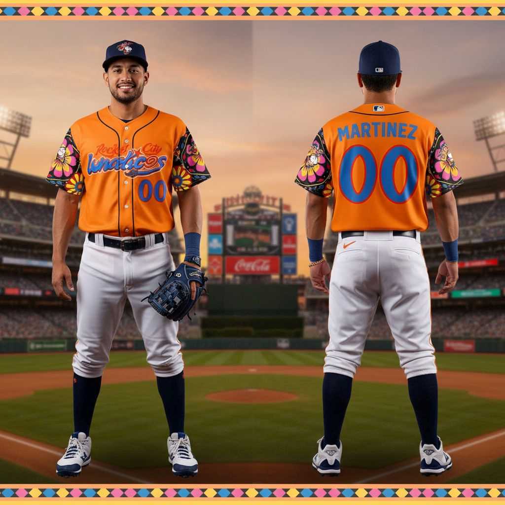 Rocket City Lunaticos Custom Baseball Jersey Orange with Floral Sleeves