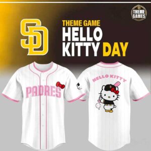 San Diego Padres Hello Kitty Day 2026 Jersey, white pinstripes, pink details, Hello Kitty baseball player graphic on back.