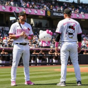 San Diego Padres Hello Kitty Day 2026 Jersey, white pinstripes, pink details, Hello Kitty baseball player graphic on back.
