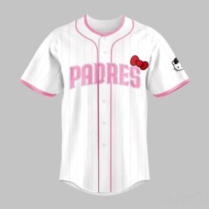 San Diego Padres Hello Kitty Day 2026 Jersey, white pinstripes, pink details, Hello Kitty baseball player graphic on back.