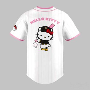San Diego Padres Hello Kitty Day 2026 Jersey, white pinstripes, pink details, Hello Kitty baseball player graphic on back.