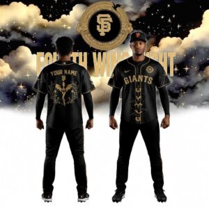 San Francisco Giants Fourth Wing Night Custom Baseball Jersey in black and gold, featuring a dragon on the back and bats on the front.