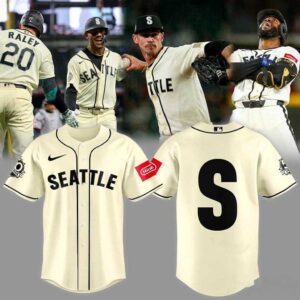 Seattle Mariners New Steelheads For Lagacy Jersey worn by a player, cream with black 'SEATTLE' text and an 'S' on the back.