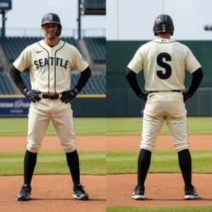 Seattle Mariners New Steelheads For Lagacy Jersey worn by a player, cream with black 'SEATTLE' text and an 'S' on the back.