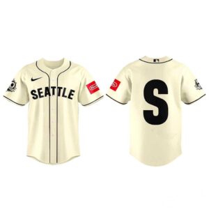 Seattle Mariners New Steelheads For Lagacy Jersey worn by a player, cream with black 'SEATTLE' text and an 'S' on the back.