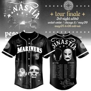 Seattle Mariners Peso Pluma Dinastía Tour 2026 Baseball Jersey: Black with white trim, Nike swoosh, Mariners logos, and two grayscale artist portraits.