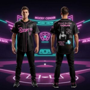 Front & back view of the black Texas Rangers Ariana Grande Eternal Sunshine Tour 2026 Jersey with pink logos and Ari art.