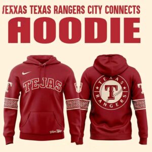 Texas Rangers City Connect Night 2026 All Red Shirt Hoodie. Maroon 'TEJAS' front, 'TEXAS RANGERS T' logo back, geometric sleeves.