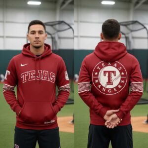 Texas Rangers City Connect Night 2026 All Red Shirt Hoodie. Maroon 'TEJAS' front, 'TEXAS RANGERS T' logo back, geometric sleeves.