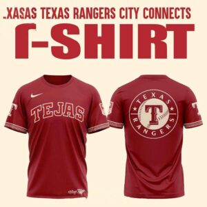 Texas Rangers City Connect Night 2026 All Red Shirt Hoodie. Maroon 'TEJAS' front, 'TEXAS RANGERS T' logo back, geometric sleeves.