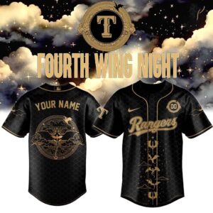 Texas Rangers Fourth Wing Night Custom Baseball Jersey, featuring black and gold design with dragon wings, Basgiath emblem, and personalized back.