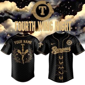 Texas Rangers Fourth Wing Night Limited Custom Baseball Jersey, black with gold fantasy dragon graphics and 'Rangers' text.