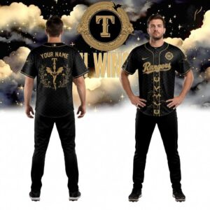 Texas Rangers Fourth Wing Night Limited Custom Baseball Jersey, black with gold fantasy dragon graphics and 'Rangers' text.