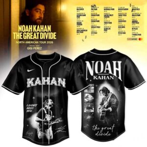 The Great Divide Tour 2026 Noah Kahan Jersey. Black full-button baseball jersey with white trim, featuring Noah Kahan monochrome graphics & text.