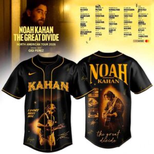 The Great Divide Tour 2026 Noah Kahan Jersey. Black full-button baseball jersey with white trim, featuring Noah Kahan monochrome graphics & text.